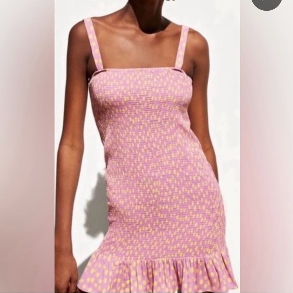 NWT Zara pink ruffle hem smocked spaghetti strap mini dress